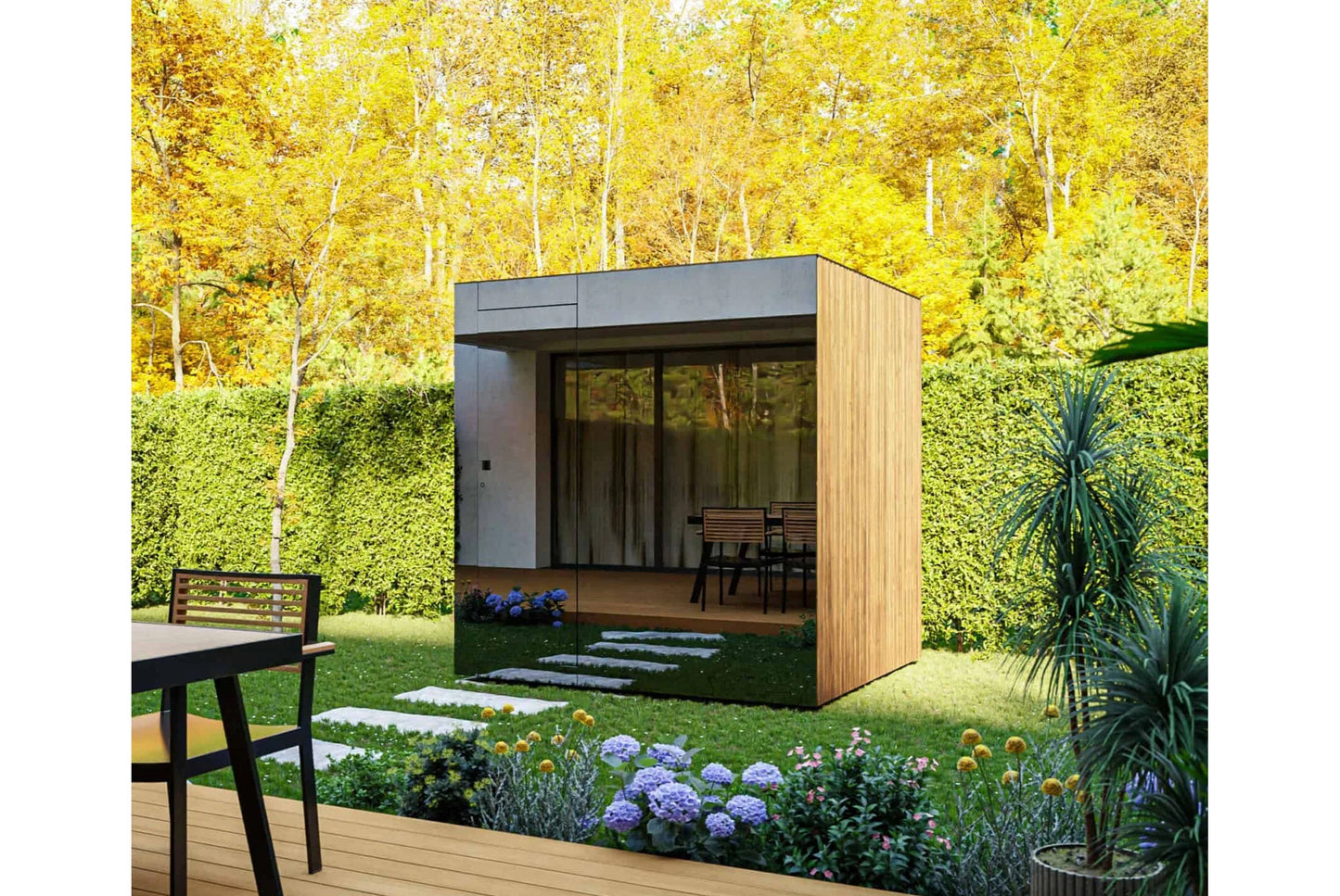 Modern outdoor sauna with natural wood siding and dark gray top, glass door entry, and wooden deck, set in landscaped garden 