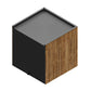Modern outdoor sauna with black metal frame and top, wood-grain vertical slat sides in natural tan and charcoal tones, isomet