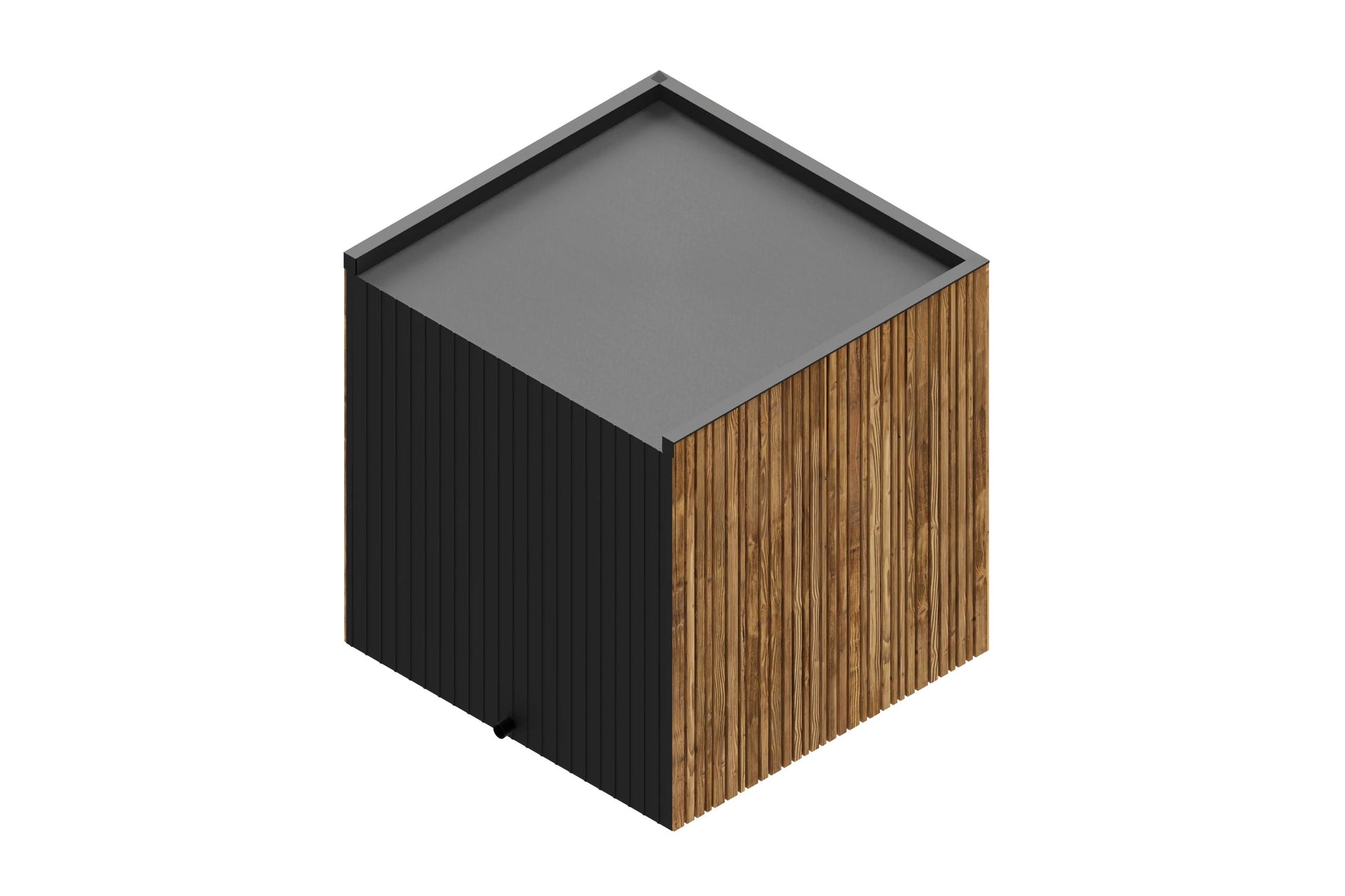 Modern outdoor sauna with black metal frame and top, wood-grain vertical slat sides in natural tan and charcoal tones, isomet