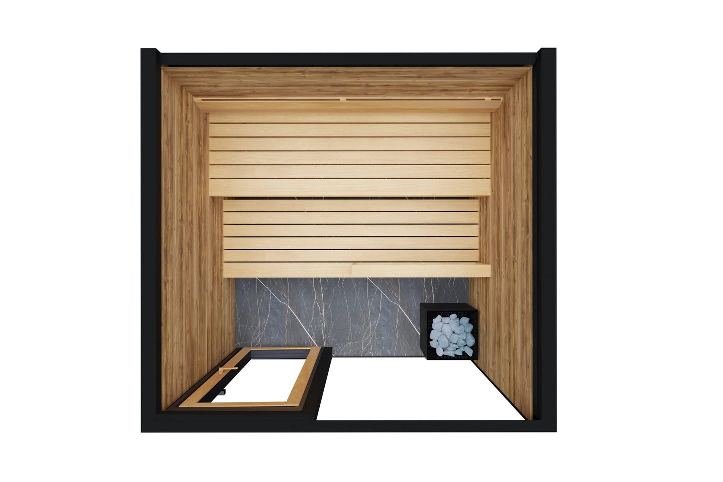 Thermasol Spectra outdoor sauna with natural wood interior, slatted seating, gray stone backrest, and white stones in black c
