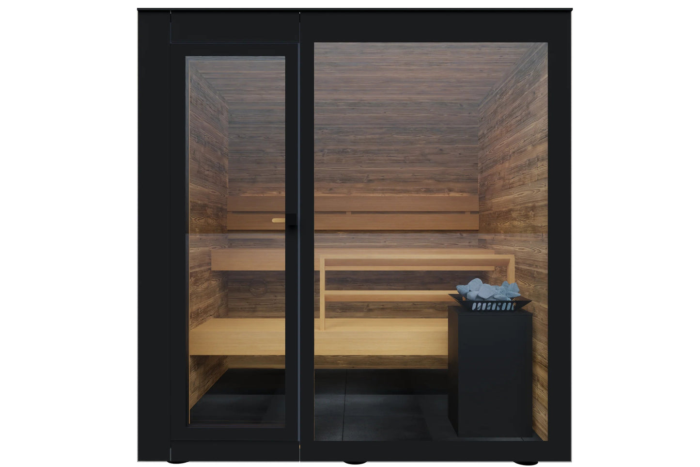 Thermasol Spectra outdoor sauna with black frame, glass doors, cedar wood interior benches, and black bucket with stones