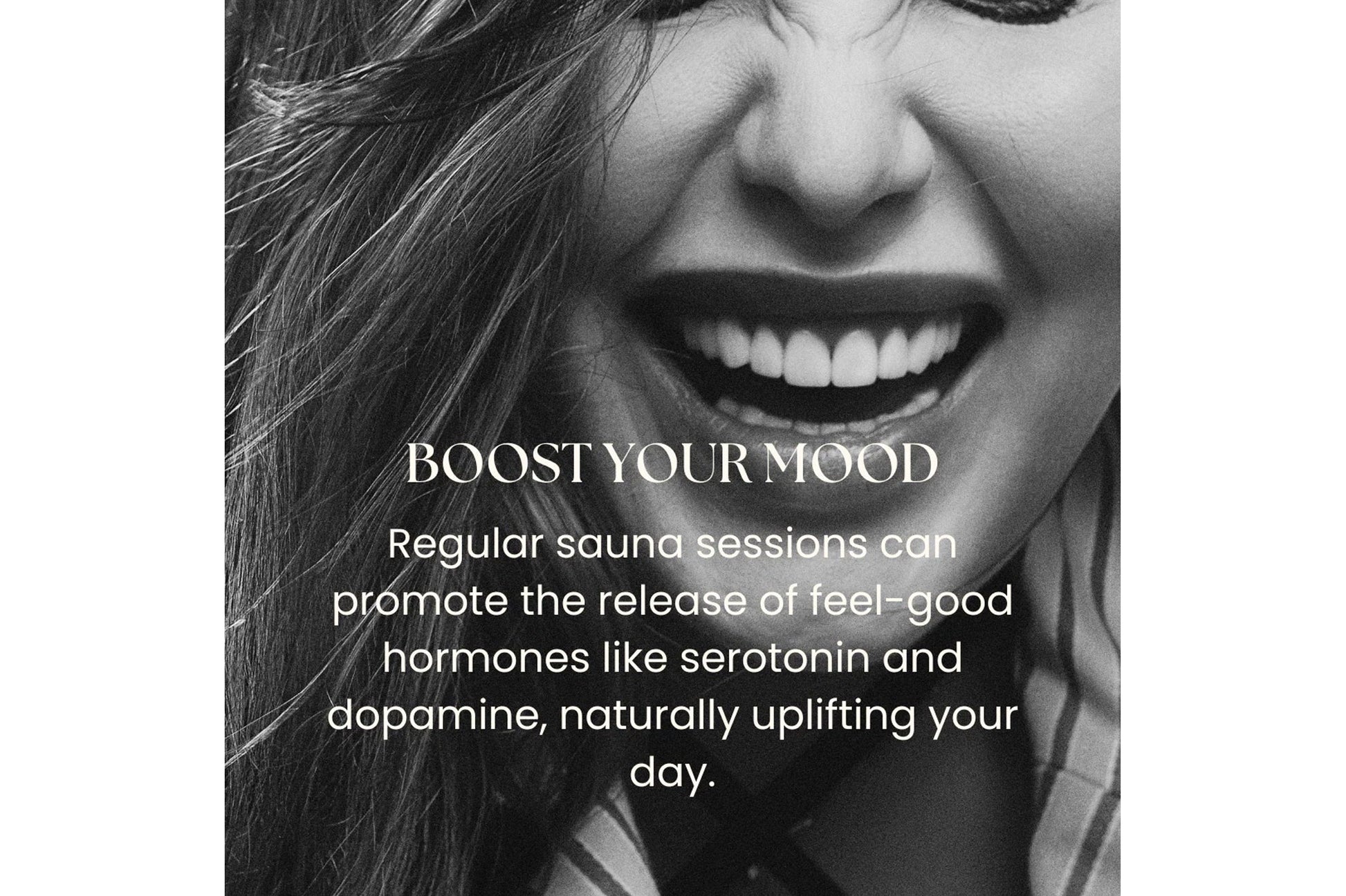 Woman with long dark hair smiling, black and white photo with text about sauna wellness benefits