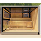 Thermasol Vera outdoor sauna with light wood interior, black frame, glass door, and stone heaters, shown in backyard setting