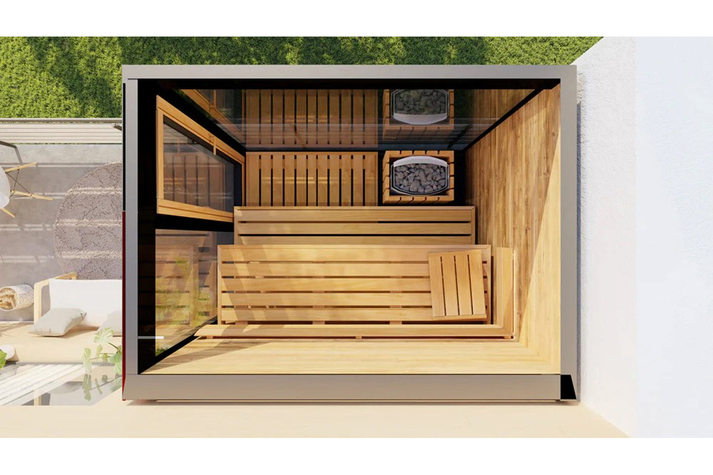 Thermasol Vera outdoor sauna with light wood interior, black frame, glass door, and stone heaters, shown in backyard setting