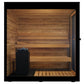 Indoor sauna with cedar wood interior, black frame, tiered wooden benches, and black heater stove on white background