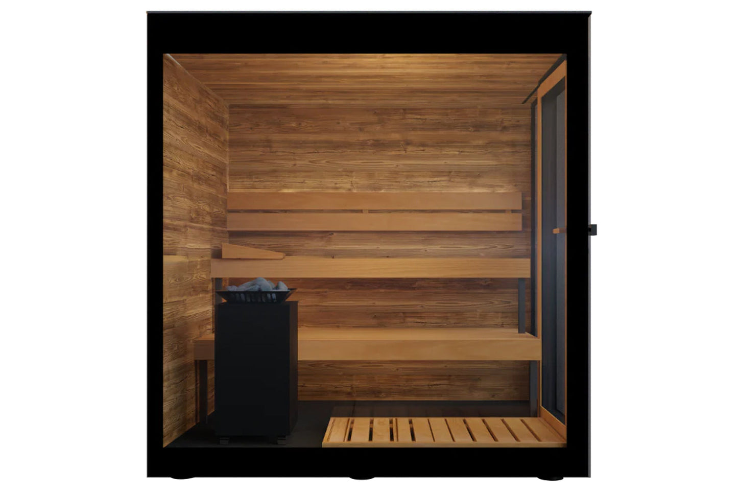 Indoor sauna with cedar wood interior, black frame, tiered wooden benches, and black heater stove on white background