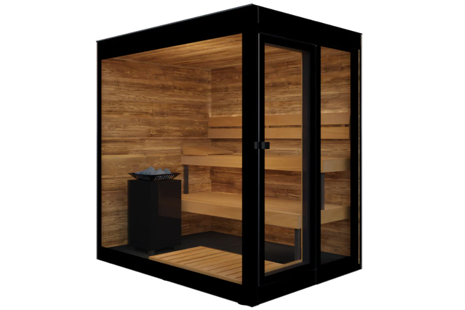 Black framed outdoor sauna with cedar wood interior, glass doors, and black heater stove on white background