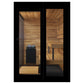 Black frame outdoor sauna with cedar wood interior, glass doors, and black pedestal with decorative blue sculpture inside