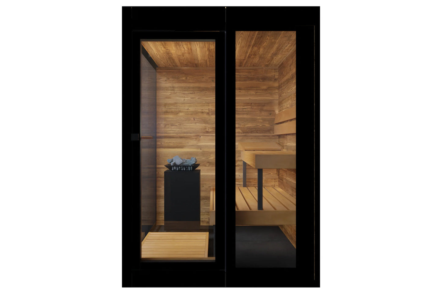 Black frame outdoor sauna with cedar wood interior, glass doors, and black pedestal with decorative blue sculpture inside