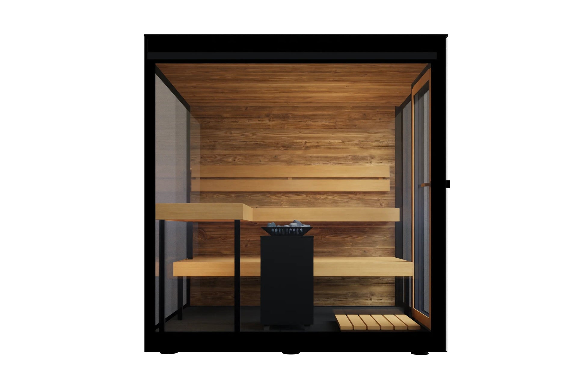 Black framed outdoor sauna with cedar wood interior, bench seating, and central heater stove, front view on white background