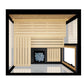 Thermasol Vue outdoor sauna with light wood interior, black stove heater with blue stones, and black frame viewed from above