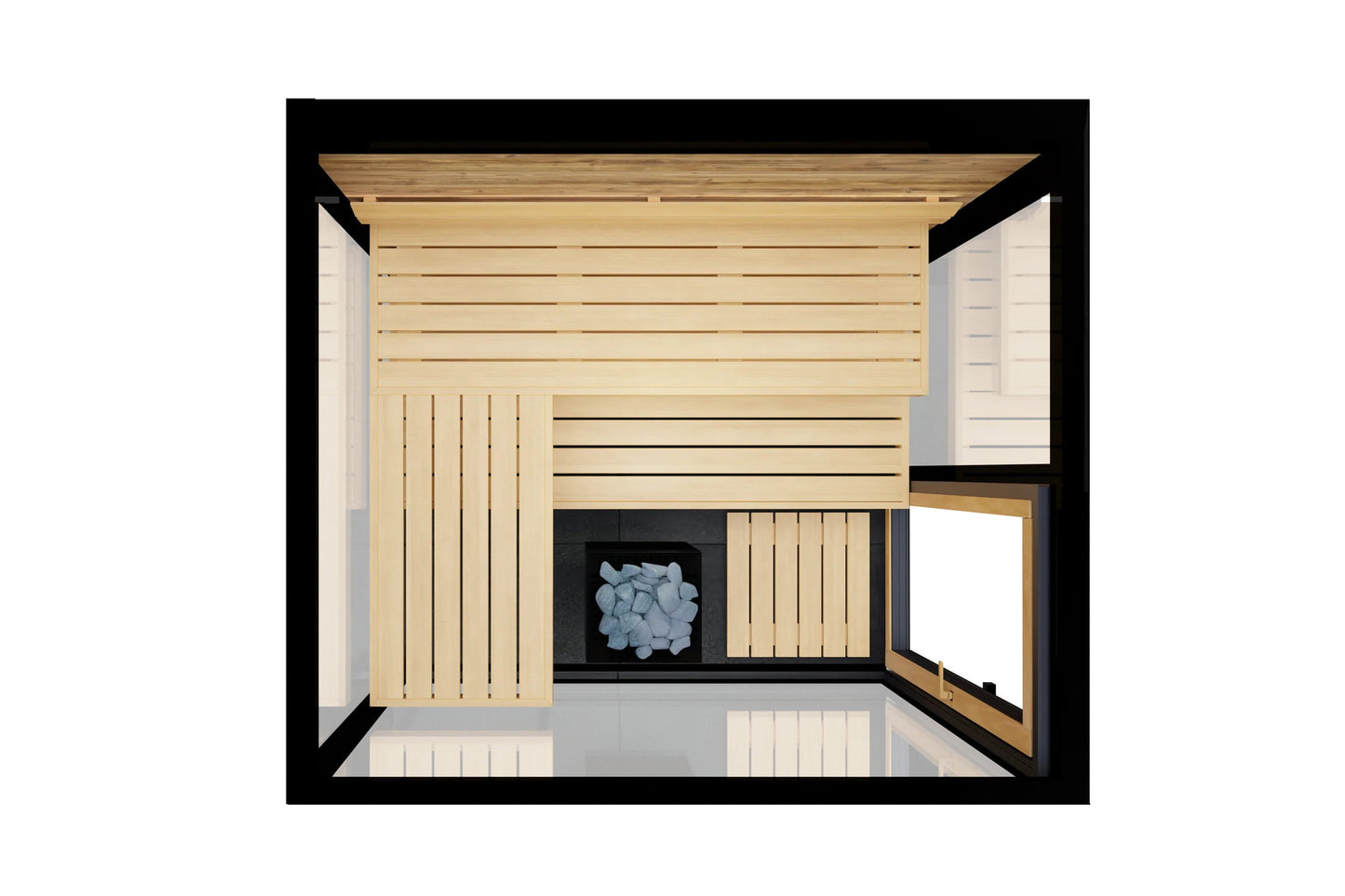 Thermasol Vue outdoor sauna with light wood interior, black stove heater with blue stones, and black frame viewed from above