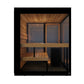 Thermasol Vue outdoor sauna with wood interior, glass doors, and black metal frame on white background