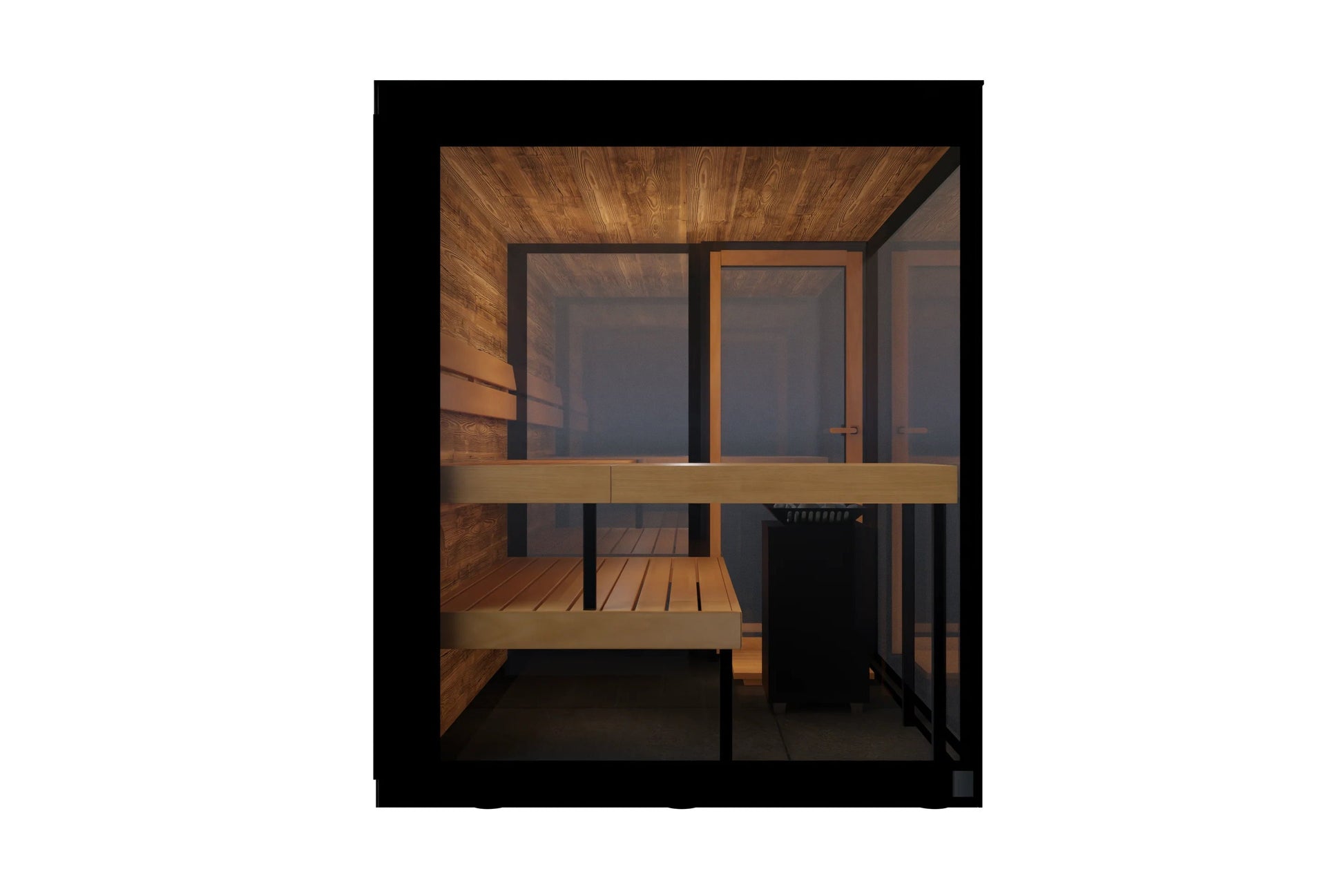 Thermasol Vue outdoor sauna with wood interior, glass doors, and black metal frame on white background
