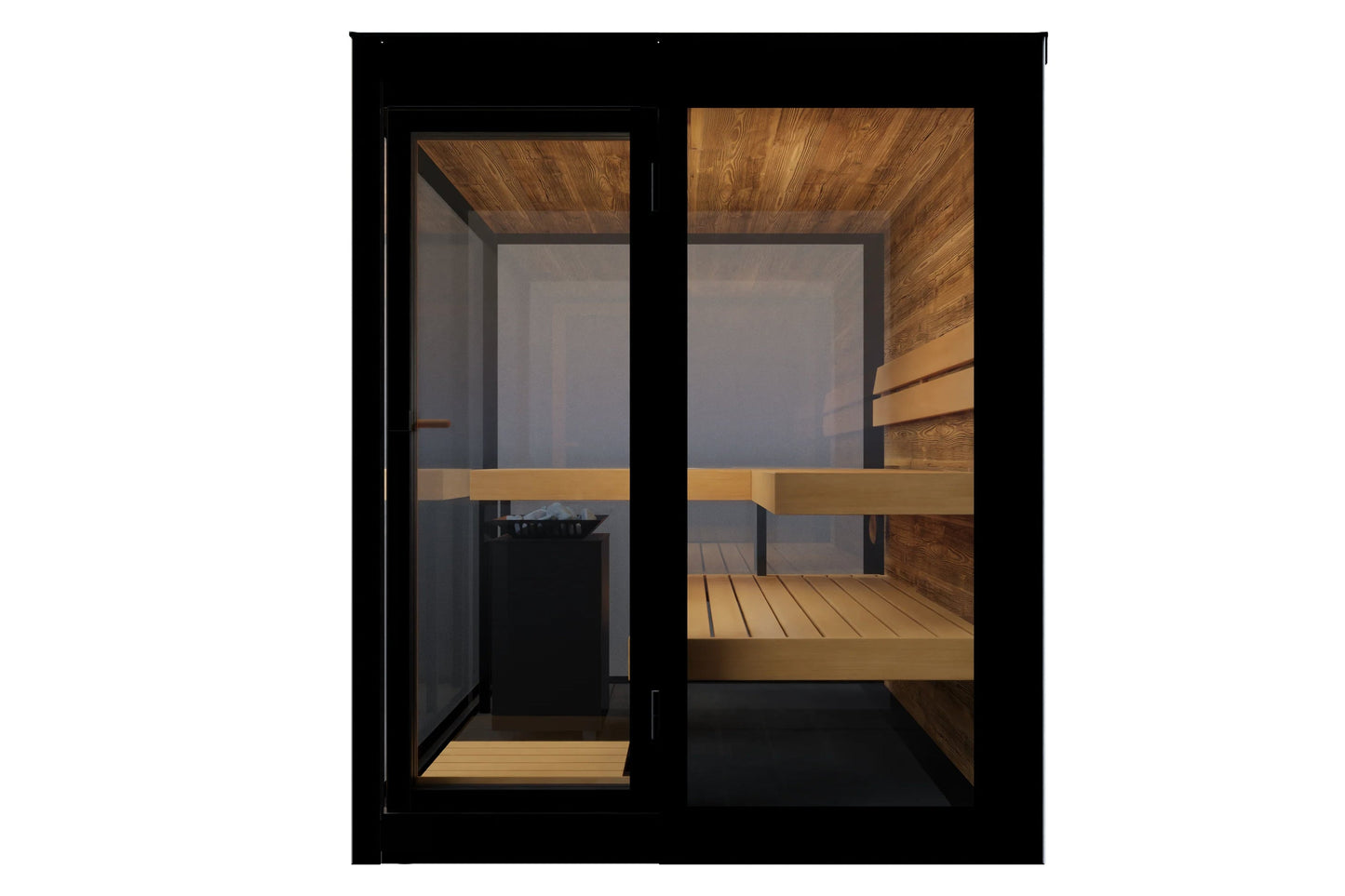 Black framed outdoor sauna with glass doors, cedar wood interior, benches, and heater visible on white background