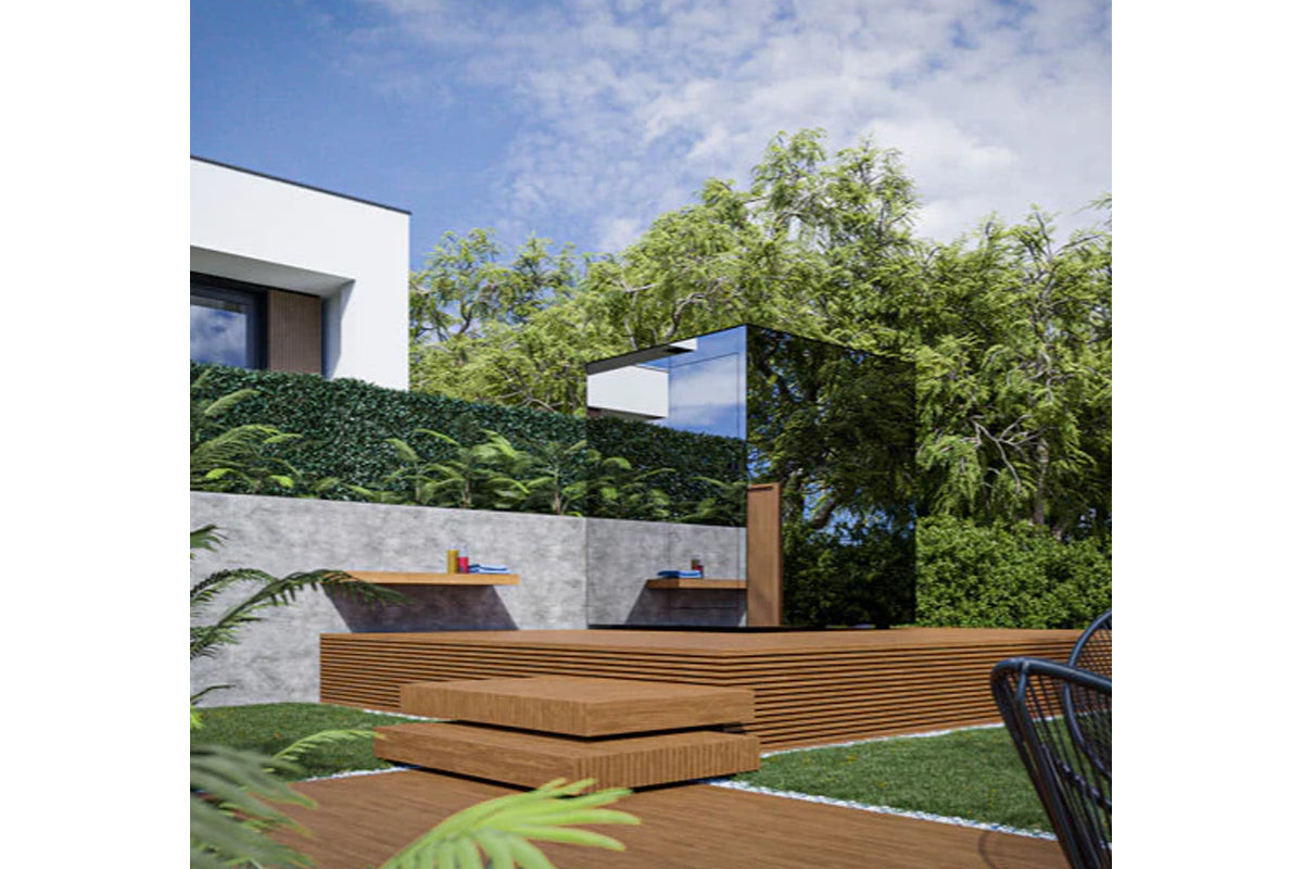 Thermasol Vue outdoor sauna with wood slat exterior, glass panel door, and black metal frame in modern garden setting