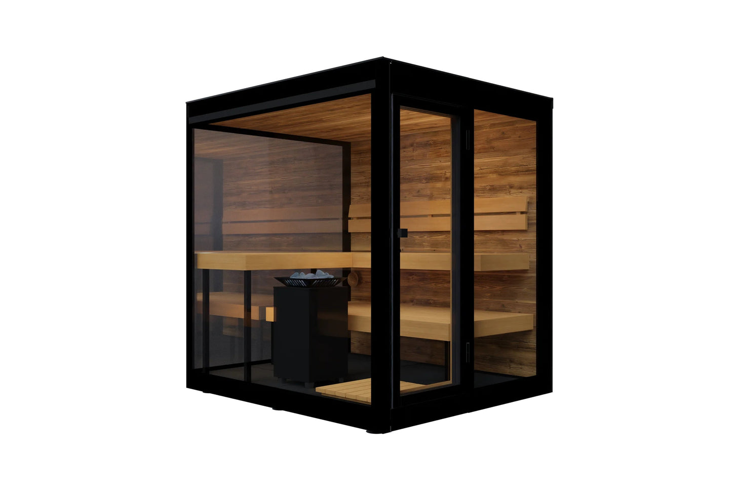 Black framed outdoor sauna with glass doors and windows, cedar wood interior with benches and black heater stove on white bac
