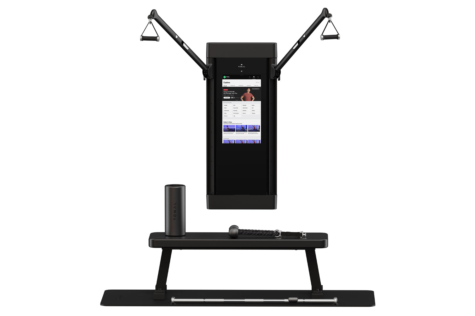Black Tonal 2 smart home gym with dual articulating arms, interactive touchscreen display, and resistance cables on white bac