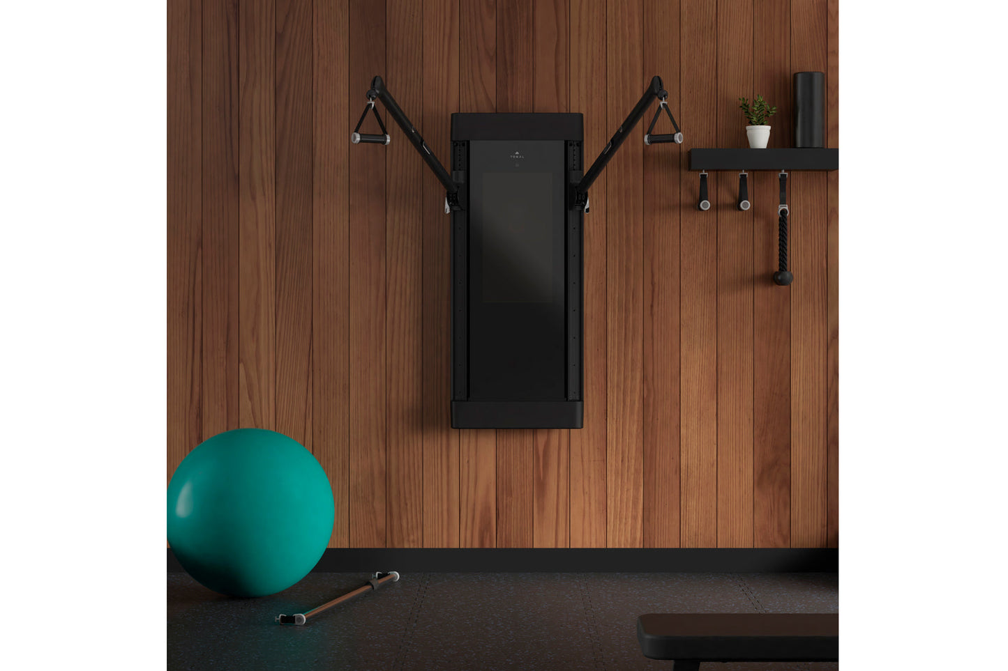 Black wall-mounted smart home gym with adjustable cable arms on wood plank wall, displayed in home gym setting with teal exer