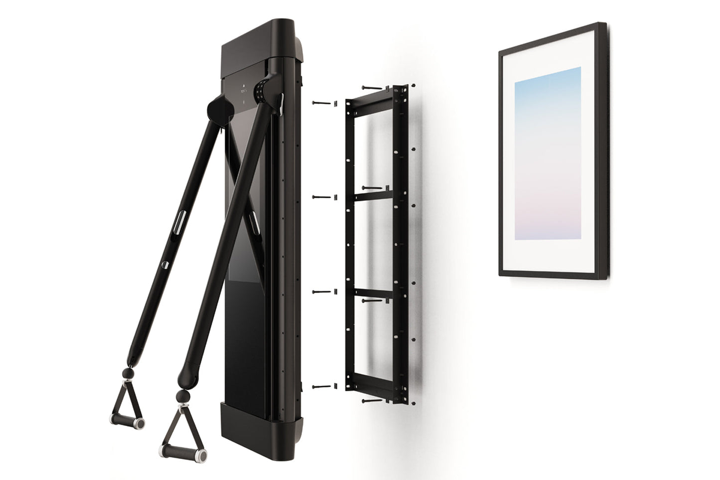 Black Tonal 2 smart home gym system showing wall-mounted display unit with tripod stand, mounting bracket, and installed fram