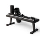 Black home gym equipment with adjustable arms, weights, and digital display mounted on steel frame against white background