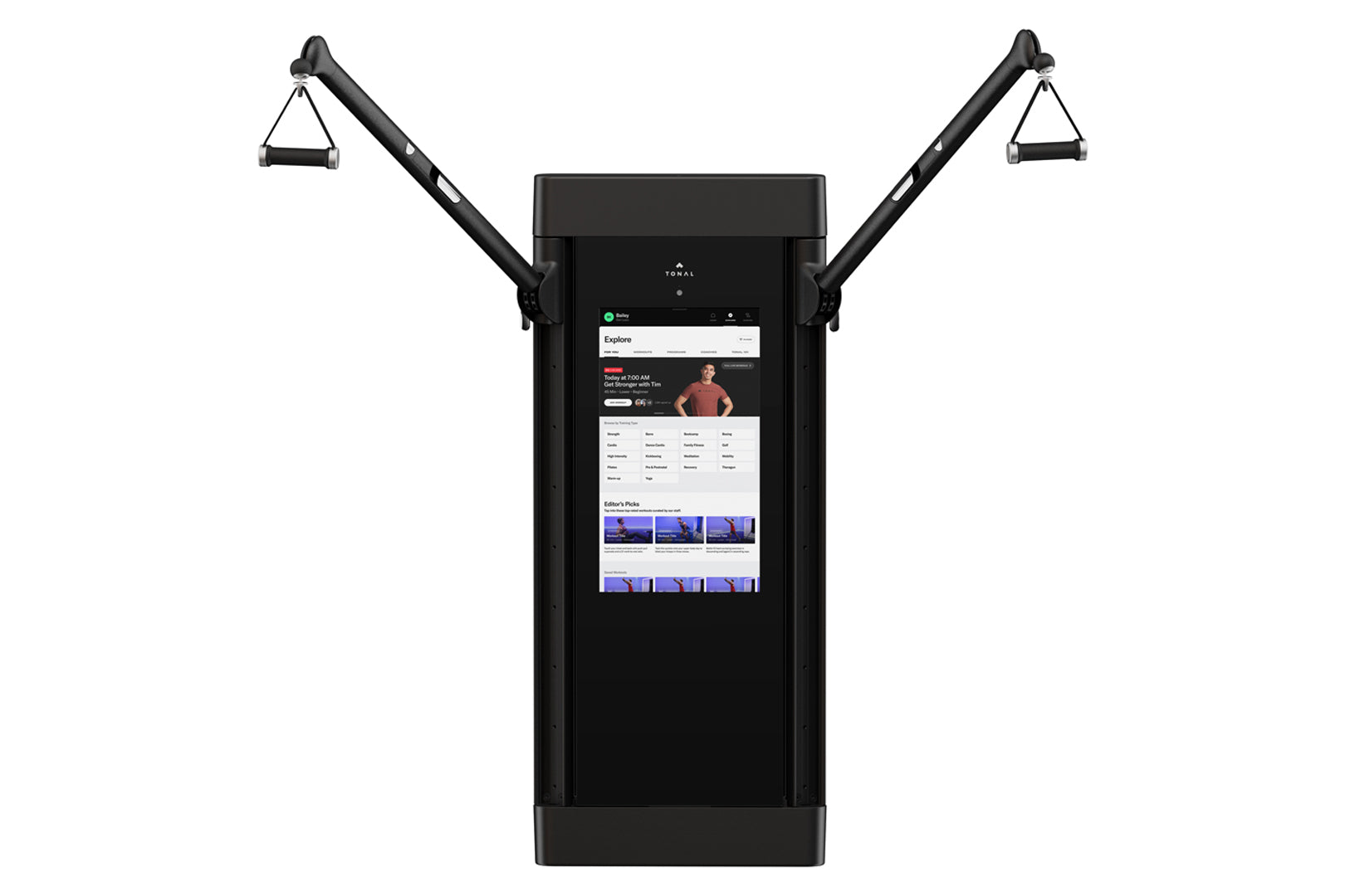 Black Tonal 2 smart home gym with dual articulating arms and grip handles, touchscreen display showing fitness app interface,