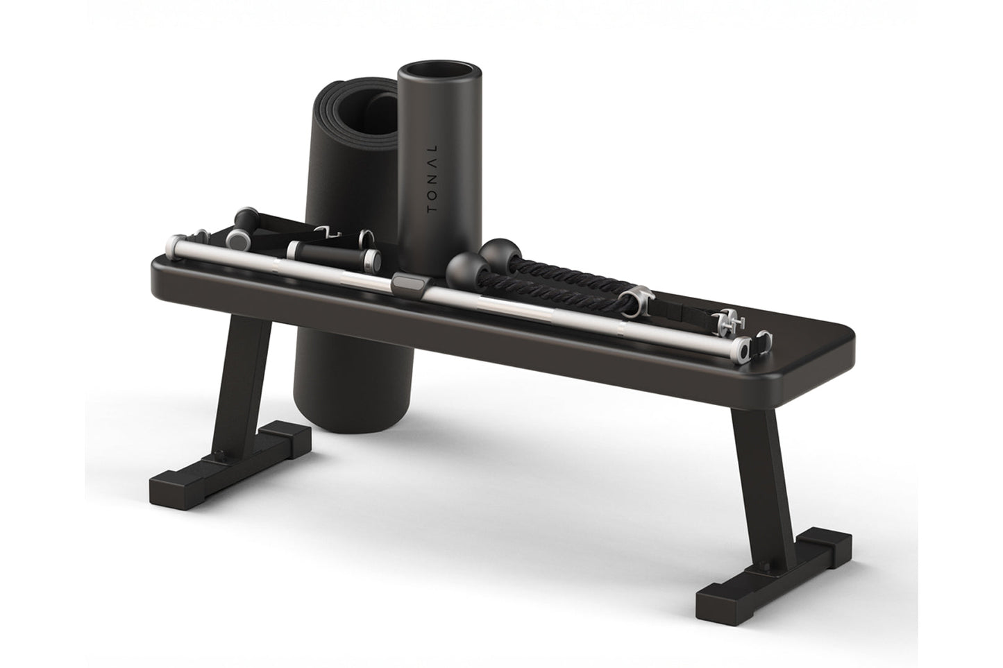 Black Tonal 2 smart home gym with storage bench, featuring rolled resistance bands, cylindrical storage container, and resist