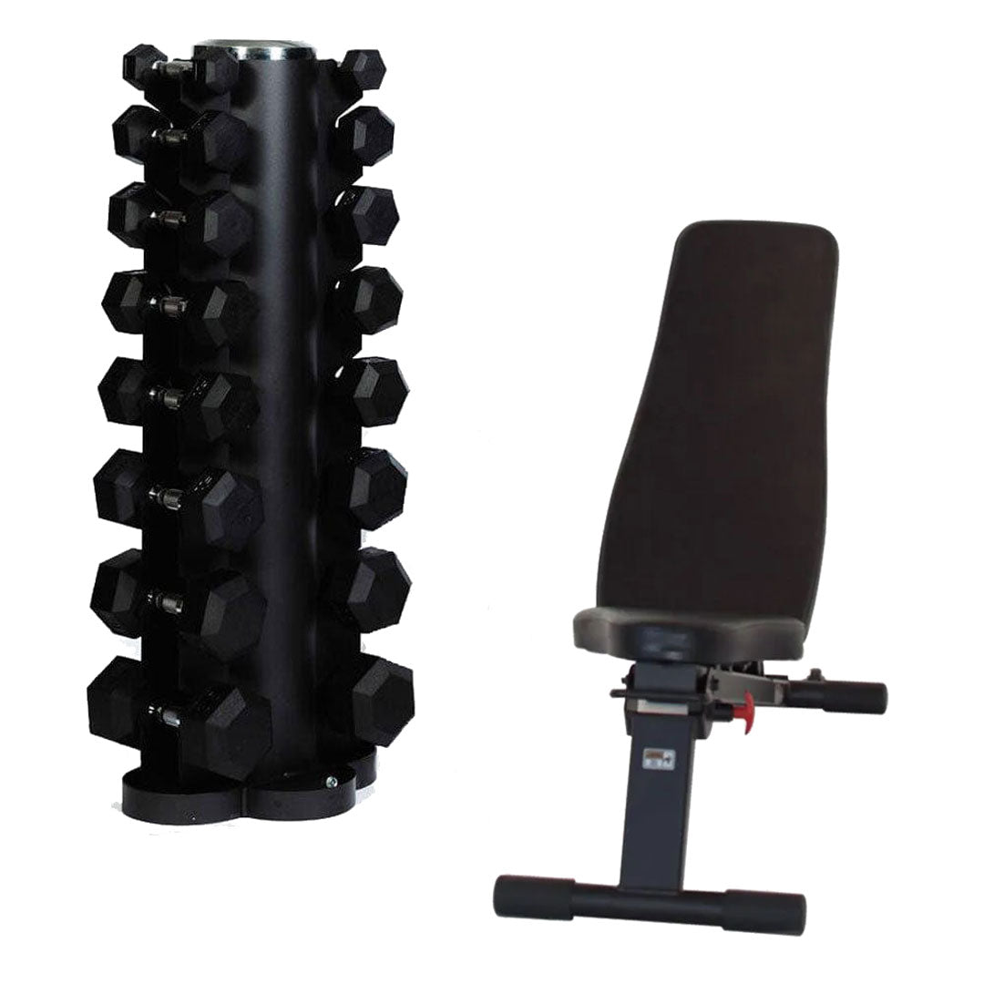 Top Fitness Rubber Hex Dumbbell Set | 5-35lbs with Folding Bench and Rack