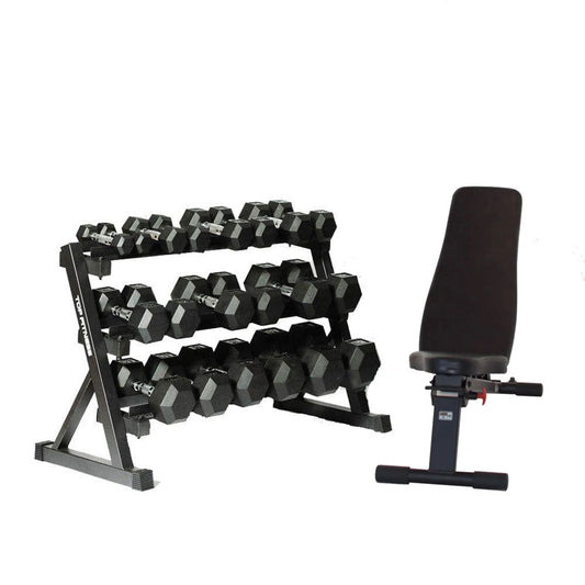 Top Fitness Rubber Hex Dumbbell Set | 5 - 50lbs with Folding Bench and Rack - Top Fitness Store