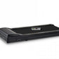 Black under-desk treadmill with digital display control panel and black running belt on white background