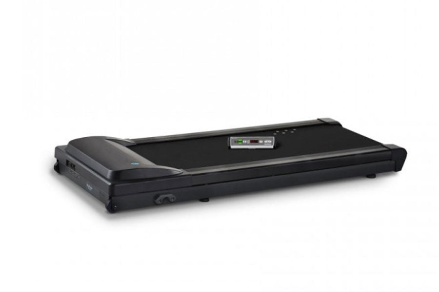 Black under-desk treadmill with digital display control panel and black running belt on white background