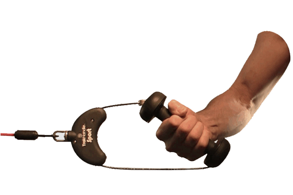 Hand holding black rotating cable handle with gray cord attached on white background