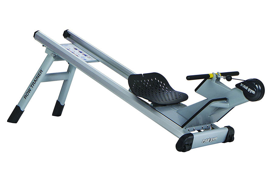 Total Gym Row Trainer with gray steel frame, black perforated seat, and wheels on white background