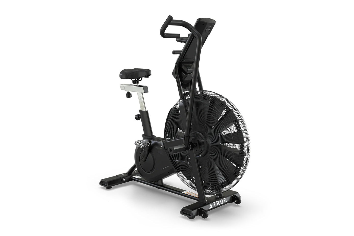 Black upright exercise air bike with large mesh fan wheel, padded seat, handlebar grips, and digital console on white backgro