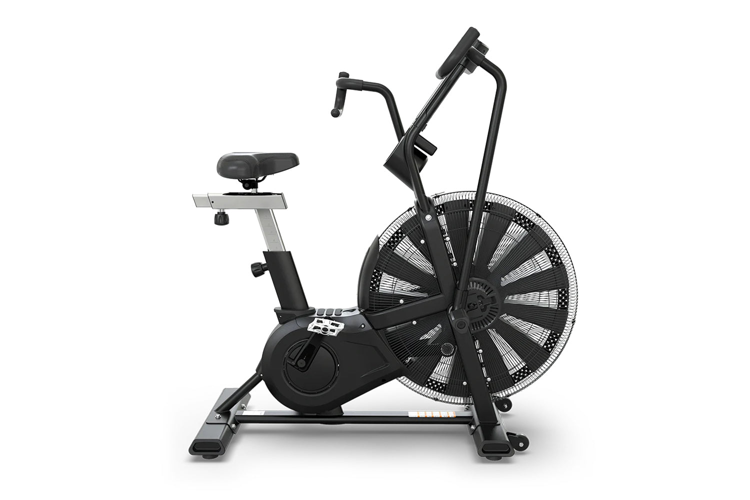 Black and silver stationary air bike with large fan wheel, dual handlebars, padded seat, and digital display on white backgro
