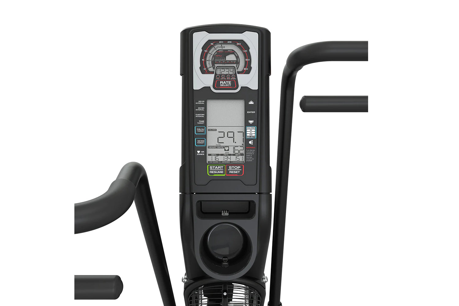 Black exercise air bike with digital display screen showing rate and metrics, analog gauge, start/stop buttons, and curved ha