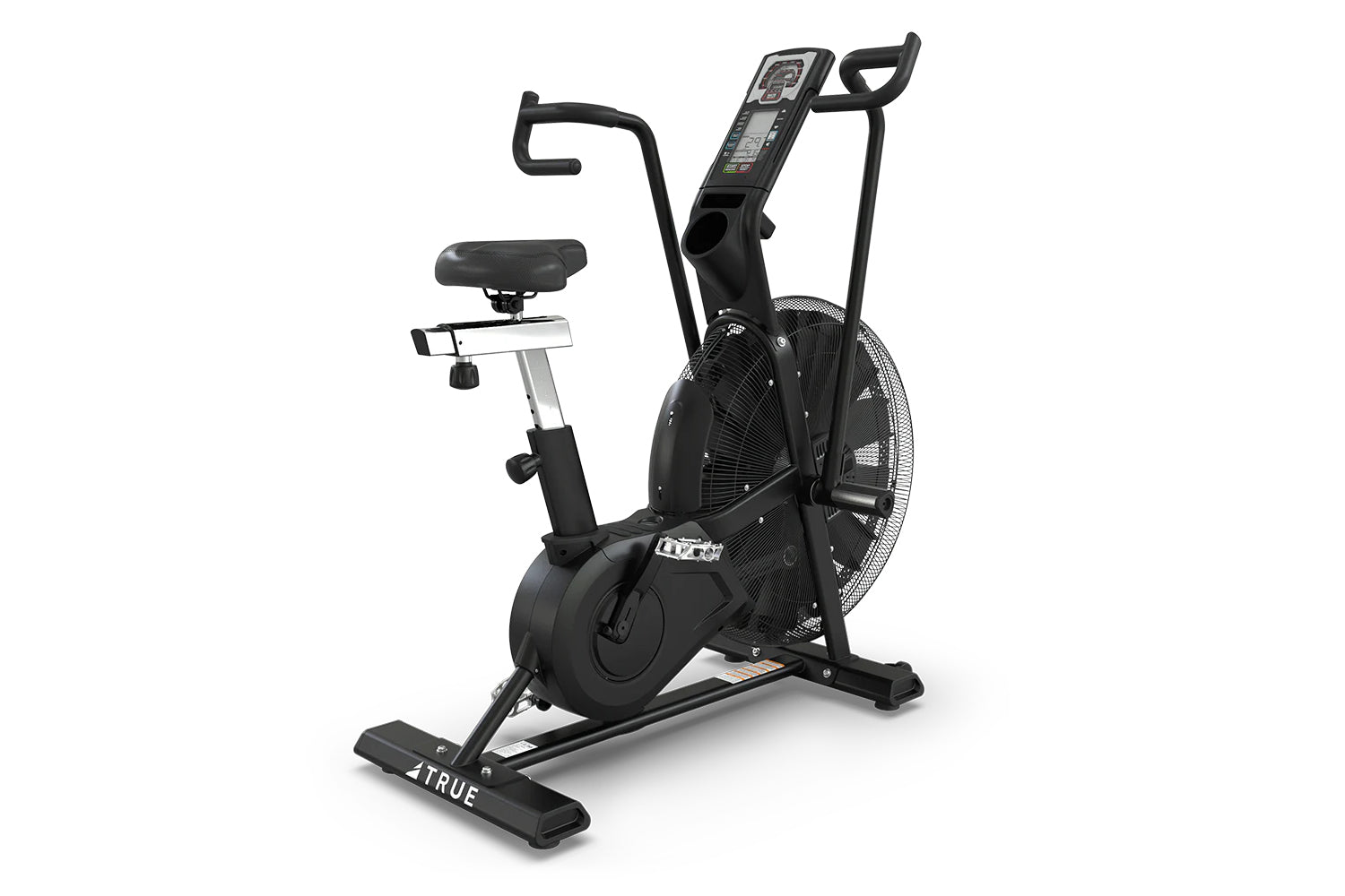 Black TRUE ADX exercise air bike with large fan wheel, digital display console, curved handlebars, black cushioned seat, and 
