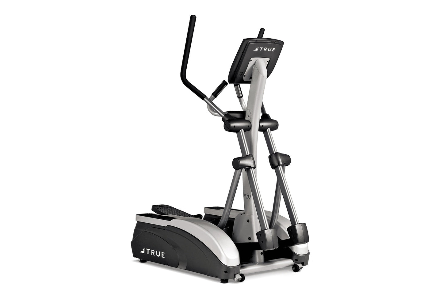 TRUE M30 elliptical machine with black and silver frame, digital console, and foot pedals on white background