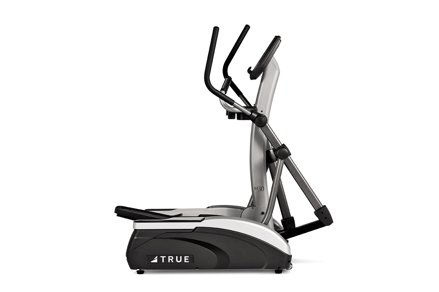 True M30 elliptical trainer with silver frame, black handles, and foot pedals on white background