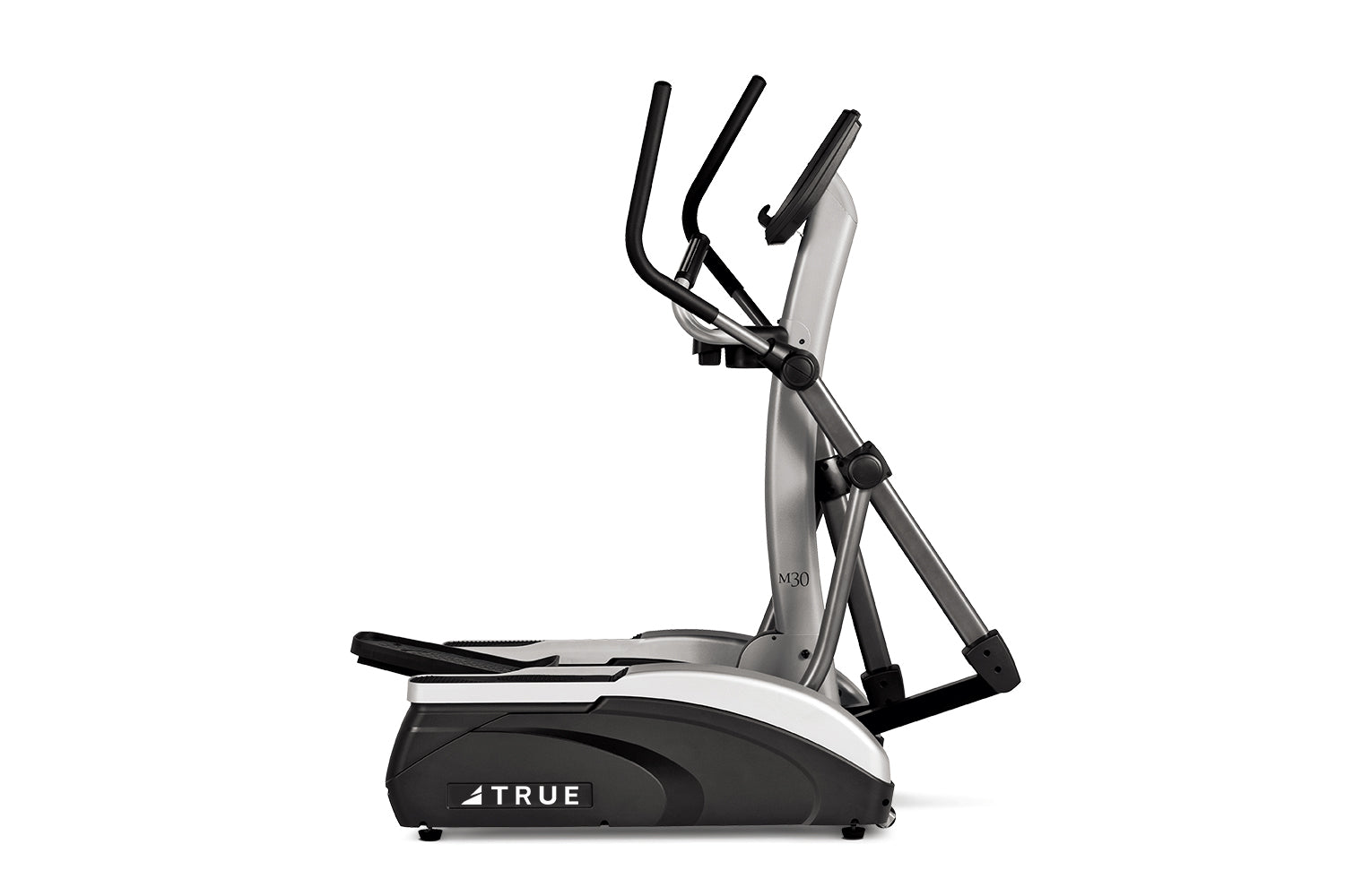 True M30 elliptical trainer with silver frame, black handles, and foot pedals on white background