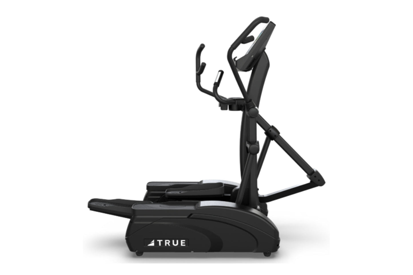 Black TRUE M50 elliptical machine with dual handles and foot pedals on white background