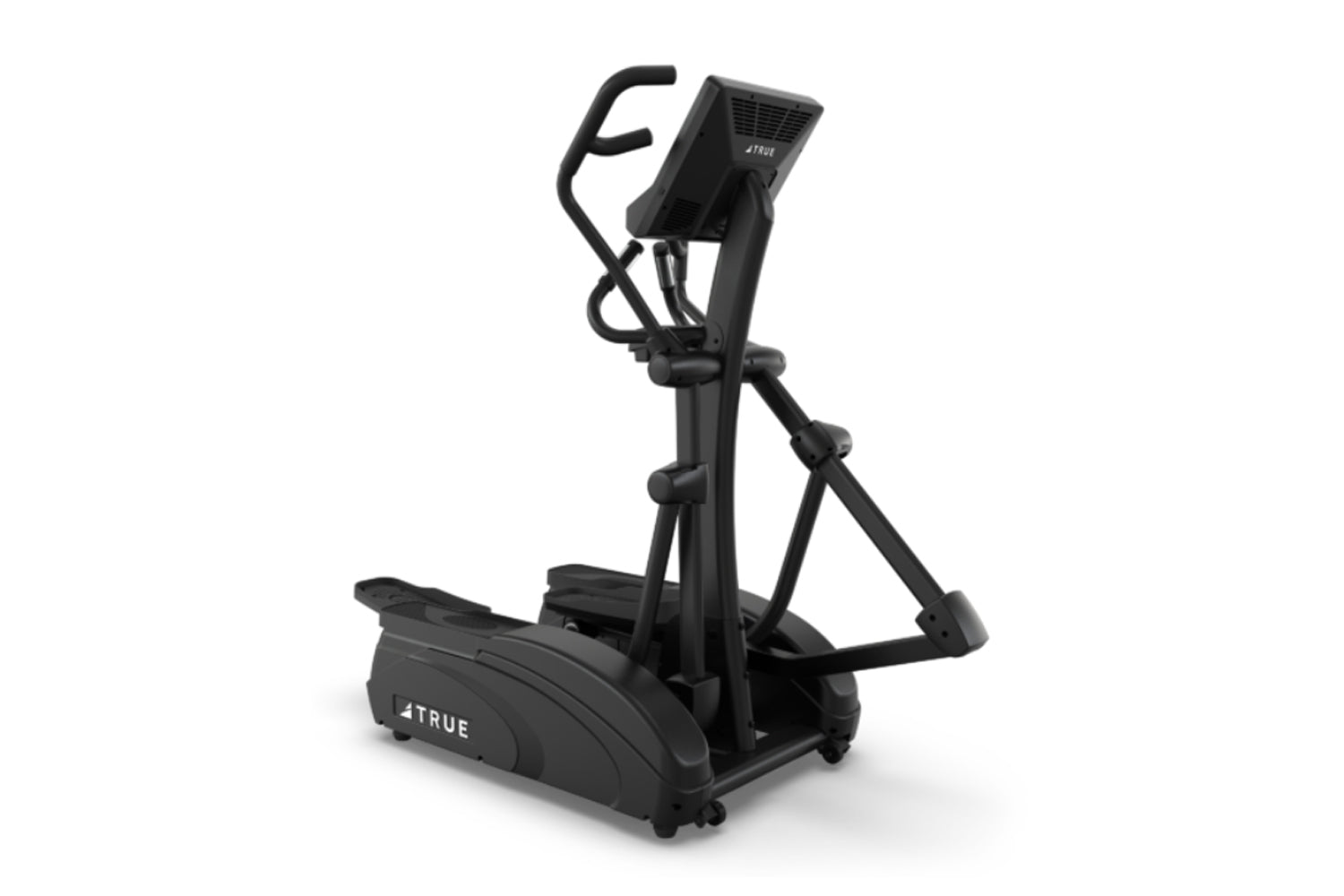 TRUE M50 black elliptical machine with dual handles and digital display on white background
