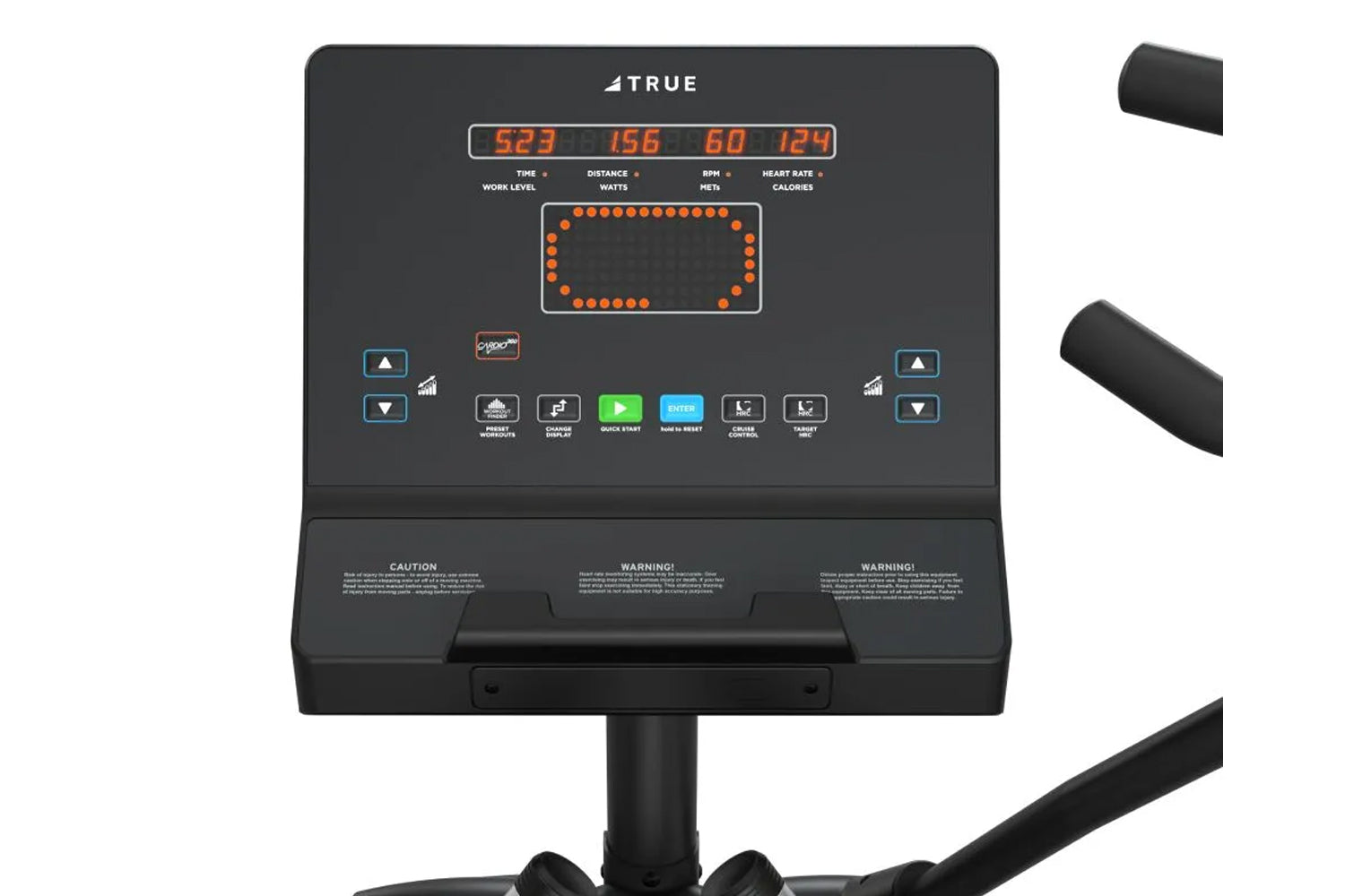 True M50 elliptical machine with black frame, digital console displaying orange metrics for time, distance, watts, and heart 