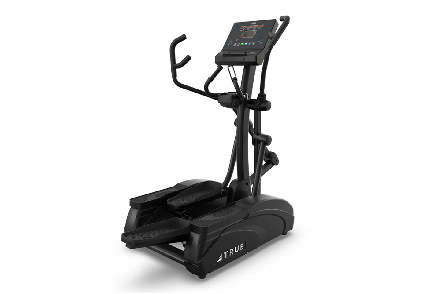 Black TRUE M50 elliptical machine with digital display console, dual handles, and wide foot pedals on white background