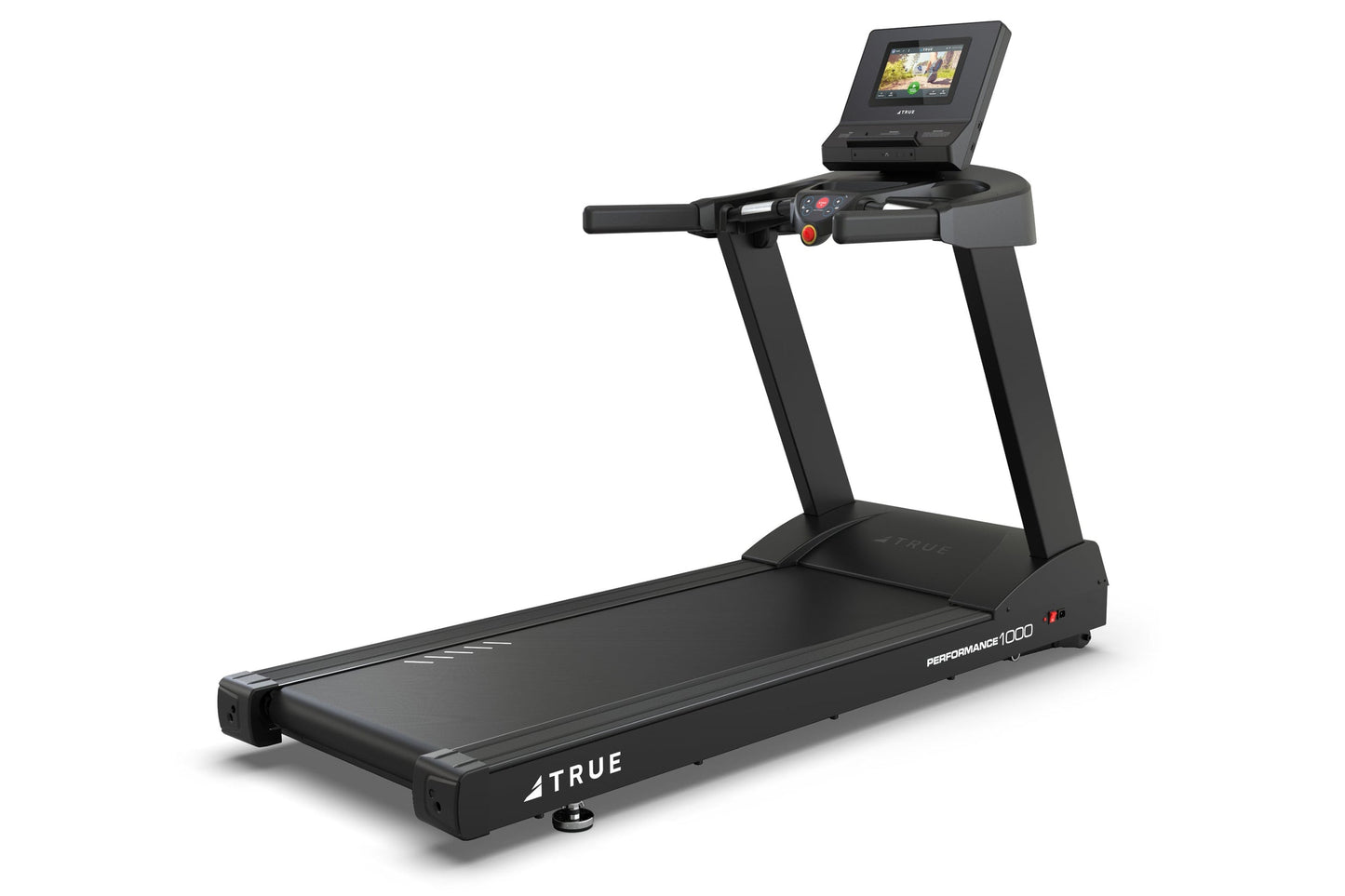 Black TRUE Performance 1000 treadmill with digital console display and touchscreen mounted on handlebar, white background