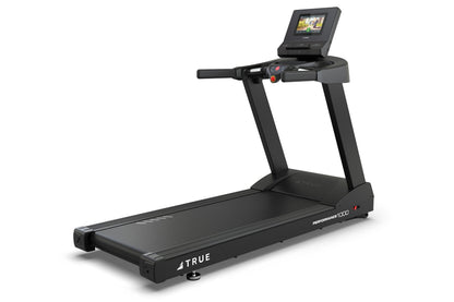 Black TRUE Performance 1000 treadmill with digital console display and touchscreen mounted on handlebar, white background