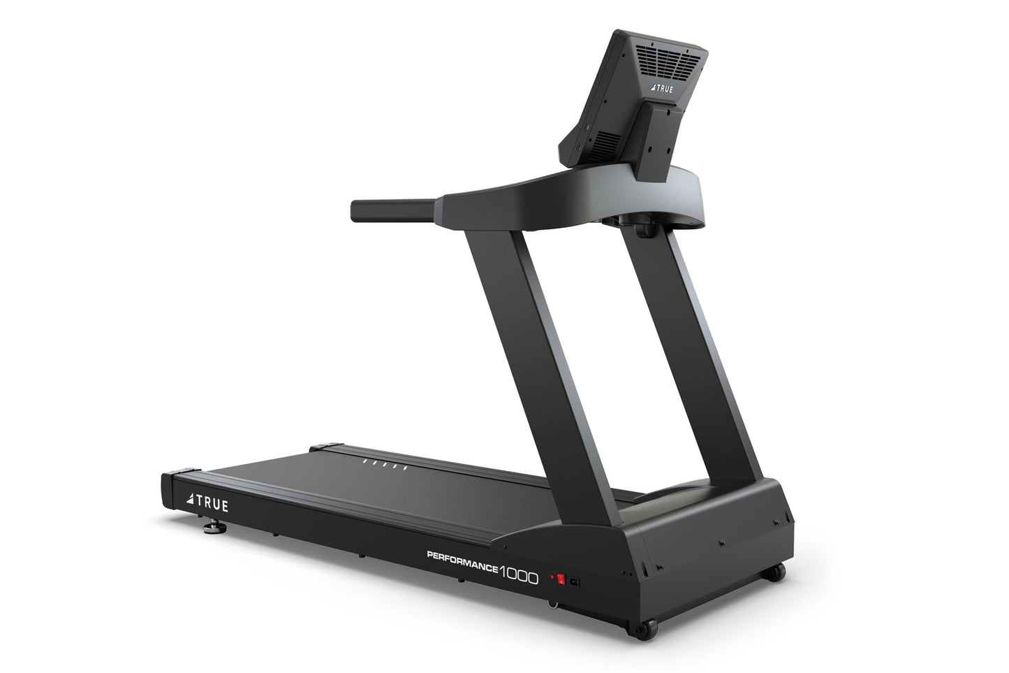 4TRUE Performance 1000 black treadmill with digital console, handrails, and running belt on white background