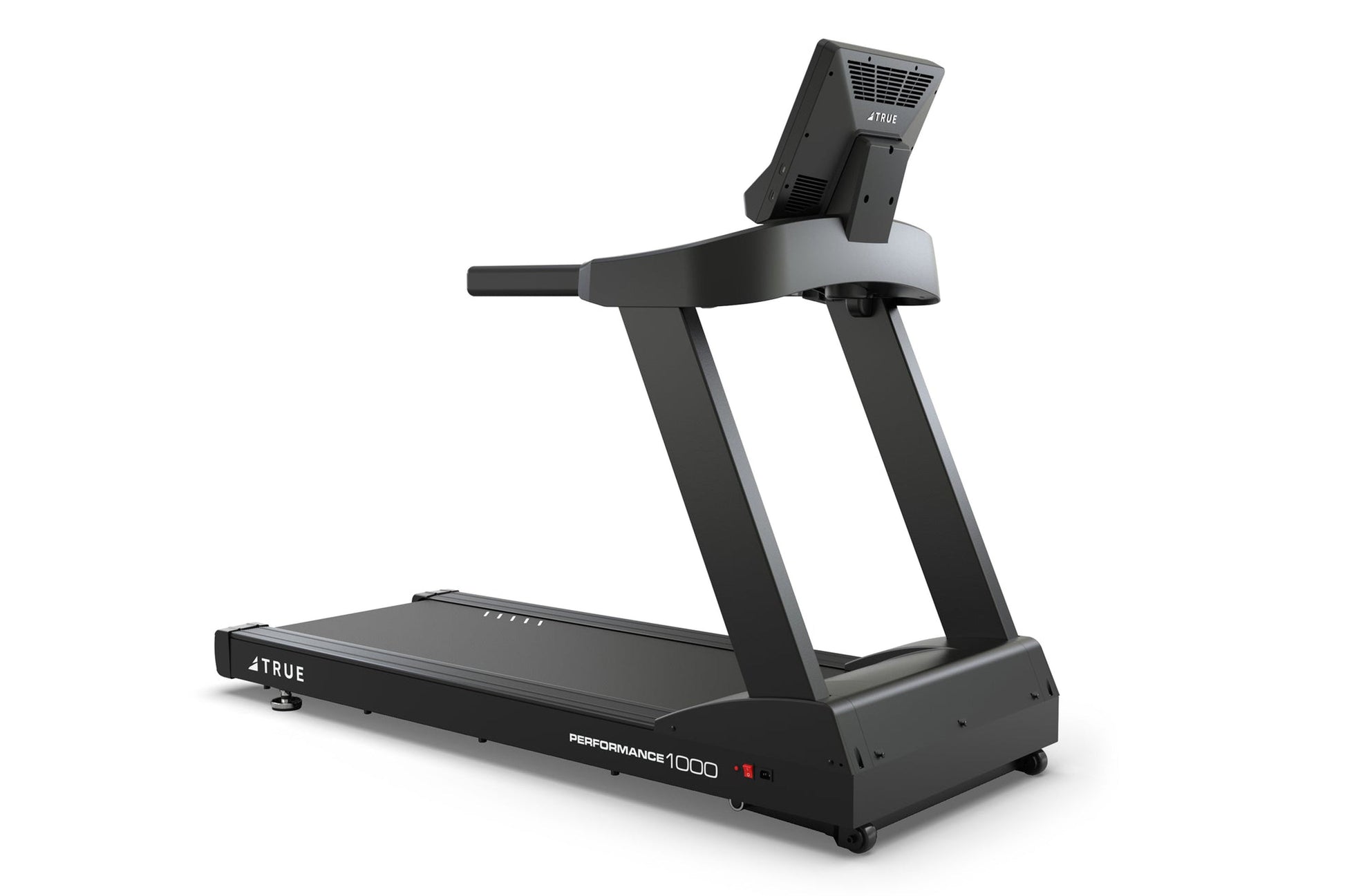 4TRUE Performance 1000 black treadmill with digital console, handrails, and running belt on white background