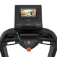 Black treadmill with dual handles, control console with red stop button, and touchscreen display showing workout interface on