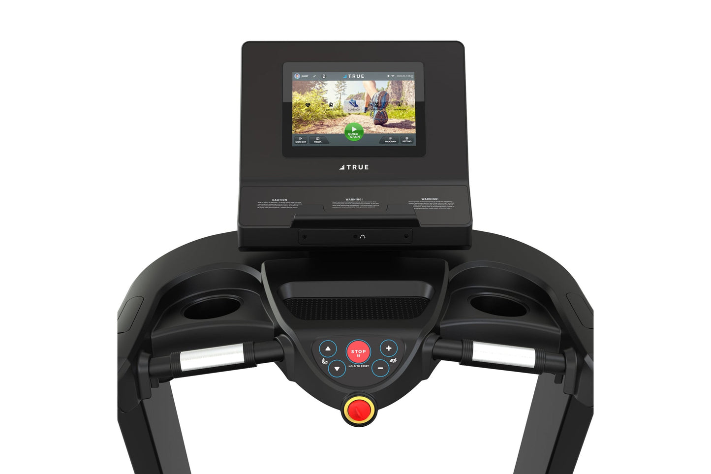 Black treadmill with dual handles, control console with red stop button, and touchscreen display showing workout interface on